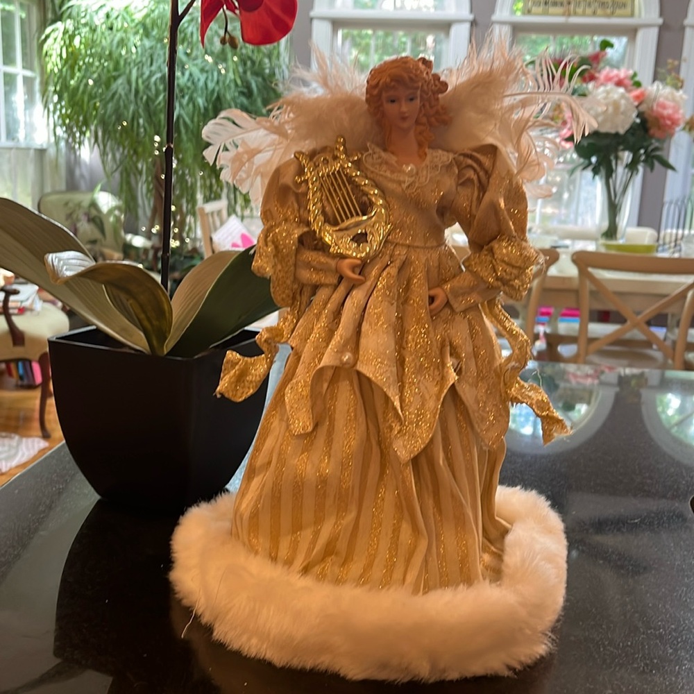 13" Elegant Vintage Gold Angel with Harp.  Perfect for a Christmas Tree Topper.